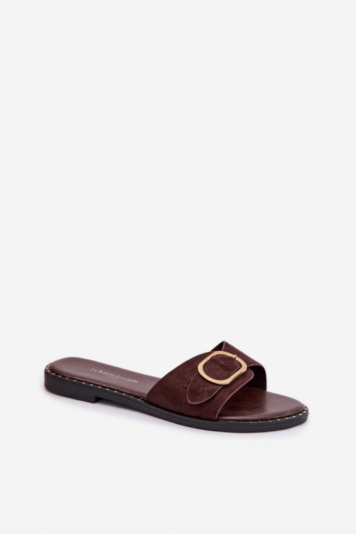 Dames slippers met brede hakken en gouden gespen in chocoladebruin Selivelle