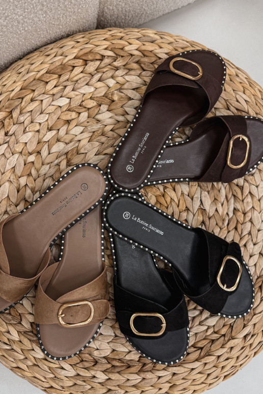 Dames slippers met brede hakken en gouden gespen in chocoladebruin Selivelle