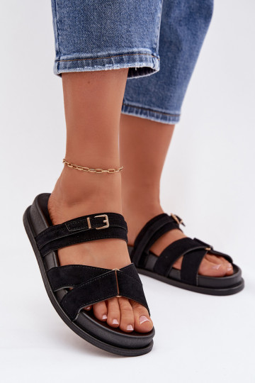 Dames slippers met gouden banden en gespen in zwart Selorina 2
