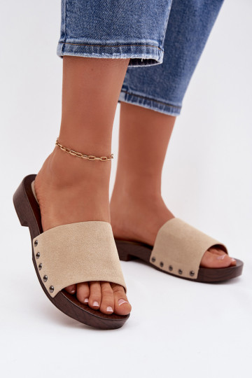 Dames slippers met studs en brede hakken in zandkleur Amelvessa 2