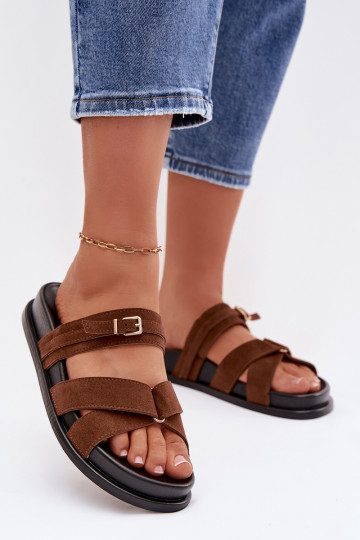 Dames slippers met gouden banden en gespen in bruin Selorina 2