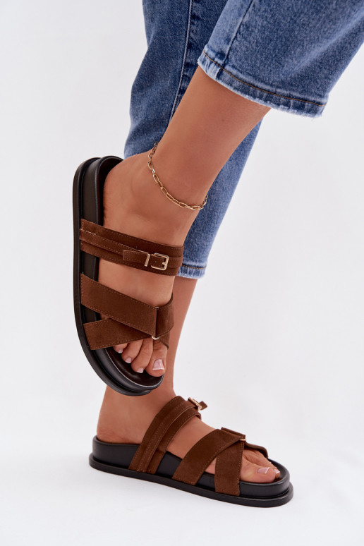 Damespantoffels Met Strepen I Złotą met gespen bruine kleur Selorina