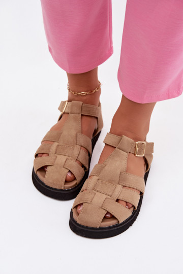 Dames gladiatorsandalen met gouden gespen en plateau in zandkleur Terelina