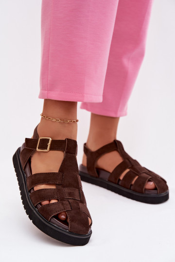 Dames gladiatorsandalen met gouden gespen en plateau in chocoladekleur Terelina 2