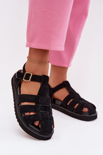 Dames gladiatorsandalen met gouden gespen en plateau in zwarte kleur Terelina