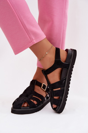 Dames gladiatorsandalen met gouden gespen en plateau in zwarte kleur Terelina 2