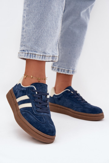 Sportieve schoenen voor dames van suede met platform in donkerblauw 2