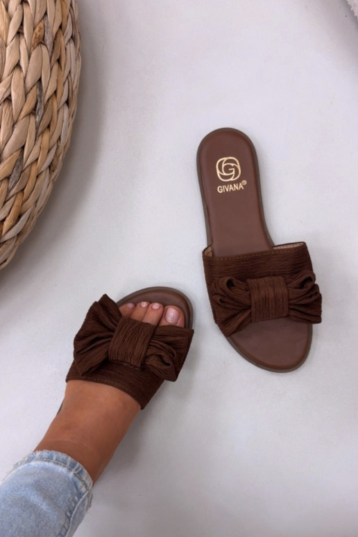 Damespantoffels met brede hakken en strikken, bruine kleur Amivelle