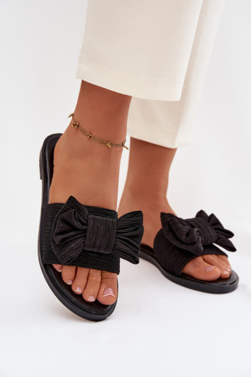 Dames zwarte pantoffels met brede hakken en strikken Amivelle 2