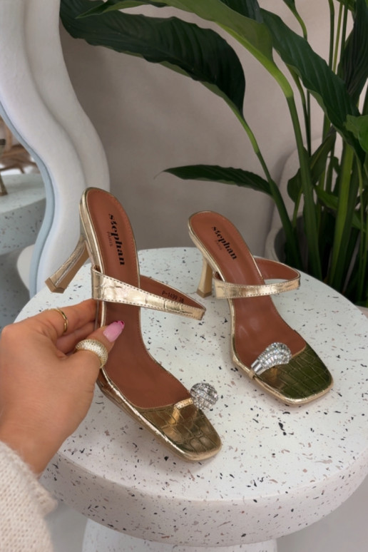 Dames gouden pantoffels met dunne hakken en decoratieve details Lorissa