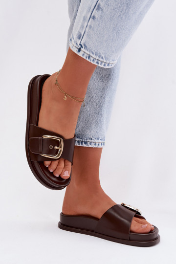 Dames slippers met gouden gespen in chocoladebruin Rosivana