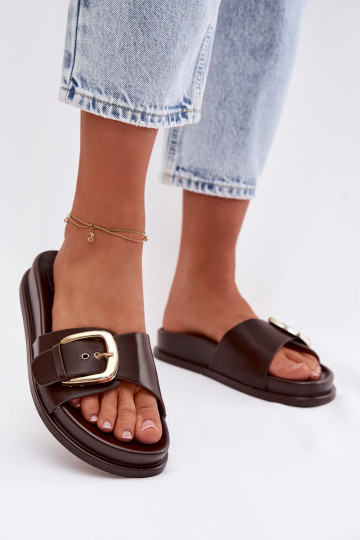 Dames slippers met gouden gespen in chocoladebruin Rosivana 2