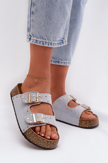 Dames slippers in gouden kleur met gespen en spijkers in lichtblauwe kleur Tervina 2
