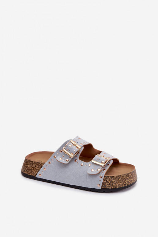 Damespantoffels Ze gouden kleurmi met gespenmi En studs lichtblauIn Tervina