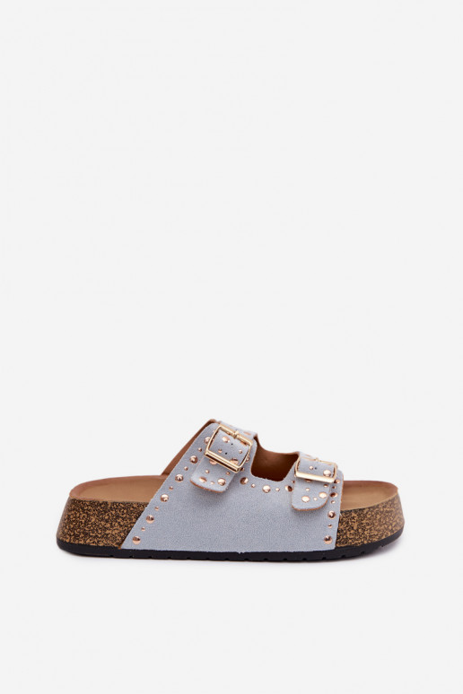 Damespantoffels Ze gouden kleurmi met gespenmi En studs lichtblauIn Tervina