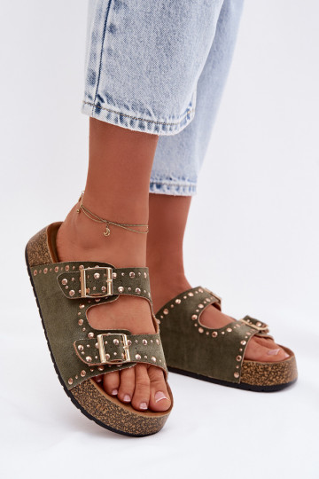 Dames slippers in gouden kleur met gespen en spijkers in kaki kleur Tervina 2
