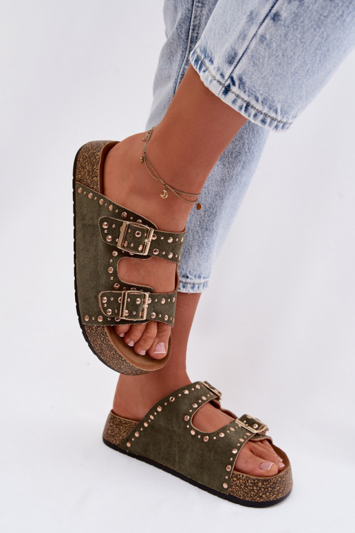 Damespantoffels Ze gouden kleurmi met gespenmi En studs kaki kleuren Tervina