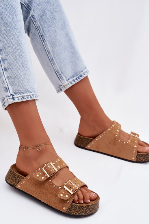 Damespantoffels Ze gouden kleurmi met gespenmi En studs bruine kleur Tervina