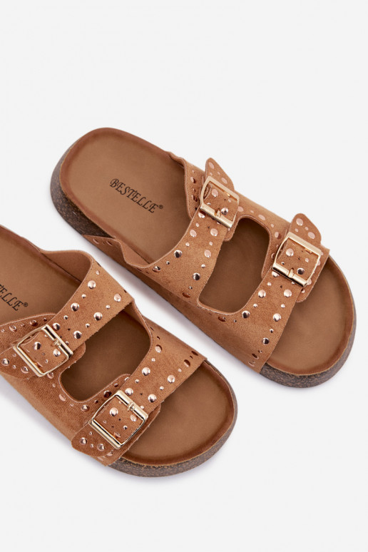 Damespantoffels Ze gouden kleurmi met gespenmi En studs bruine kleur Tervina