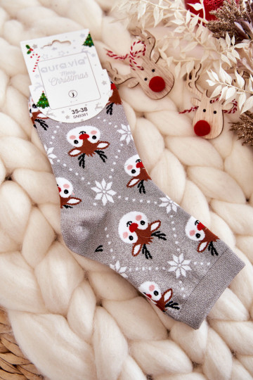 Dames kerstkousen met glans Rendieren grijze kleur 2