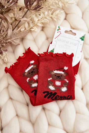Dames kerstkousen met glans en berenmotief rode kleur 2