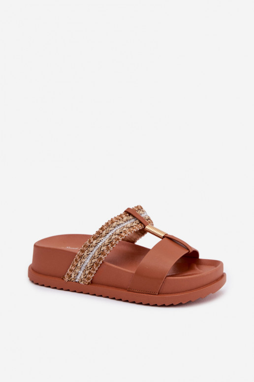 Damespantoffels met platform Met Strepen I gouden kleurm Detalem bruine kleur Tahlia