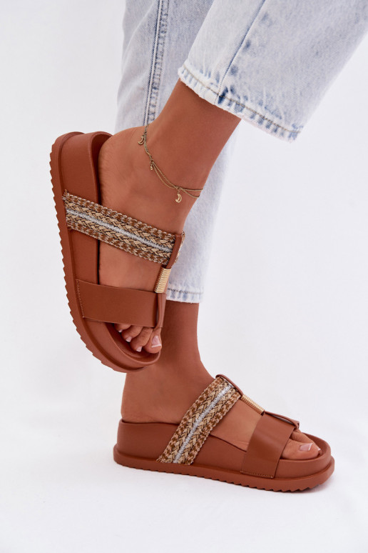 Damespantoffels met platform Met Strepen I gouden kleurm Detalem bruine kleur Tahlia