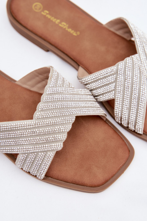 Damespantoffels met brede hakken met sprankelende gaten zilvere kleur Zinnia