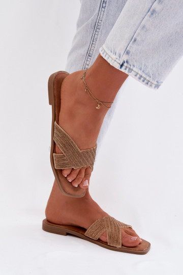 Dames slippers met brede hakken en sprankelende steentjes, goud, Zinnia