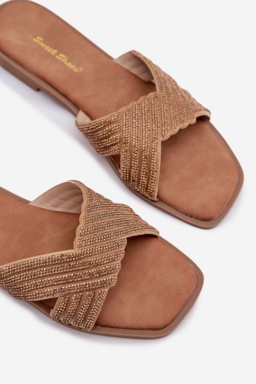 Damespantoffels met brede hakken met sprankelende gaten gouden kleur Zinnia