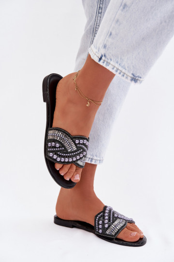 Gedecoreerde slippers met brede hakken, zwart, Dovima