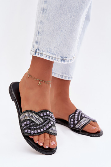 Gedecoreerde slippers met brede hakken, zwart, Dovima 2