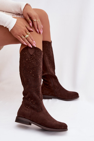 met elementen van opengeInerkt dameslaarzen met brede hakken S.Barski HY61-8023 CzekoladoIne