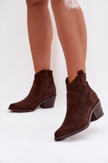 Dames opengewerkte enkellaarsjes met hakken S.Barski HY61-8013, chocolade kleur