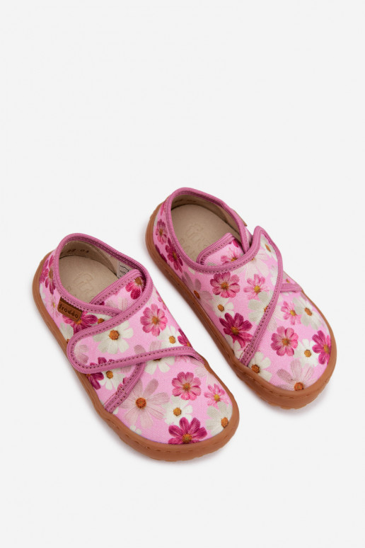 Slippers Kinderen Kinderen met zelfklevende bevestigingsmiddelen Barefoot met bloemen Froddo G1700438-8 roze