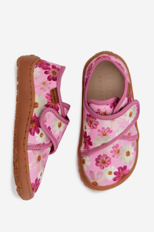 Slippers Kinderen Kinderen met zelfklevende bevestigingsmiddelen Barefoot met bloemen Froddo G1700438-8 roze