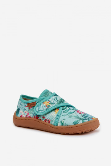 Kinderpantoffels met klittenbandsluitingen Barefoot met bloemenmotieven en bladeren Froddo G1700438-14 mintkleur