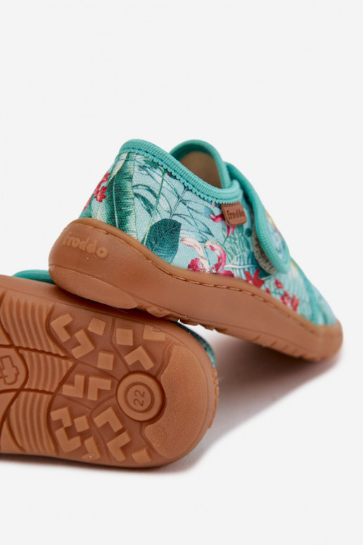 Slippers Kinderen met zelfklevende bevestigingsmiddelen Barefoot met bloemmotieven Liście Froddo G1700438-14 mint kleuren