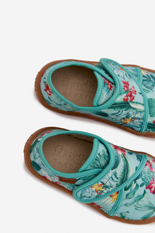 Slippers Kinderen met zelfklevende bevestigingsmiddelen Barefoot met bloemmotieven Liście Froddo G1700438-14 mint kleuren