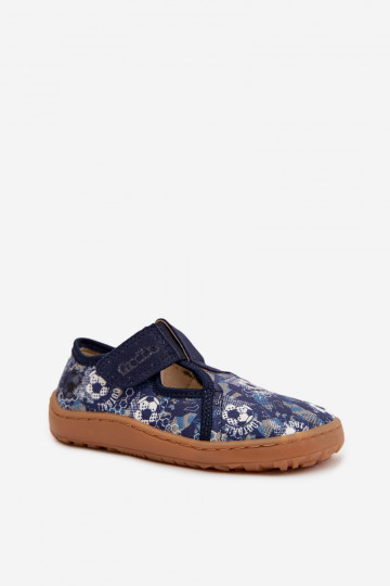 Kinderpantoffels met klittenbandsluitingen Barefoot met ballen Froddo Canvas G1700439-5 blauwe kleur
