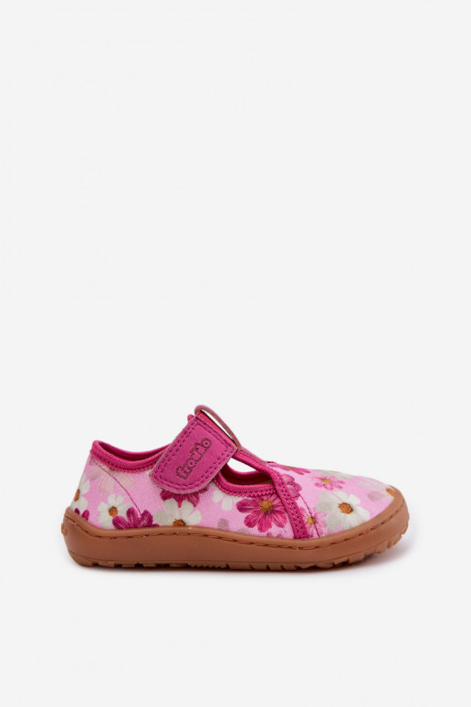 Slippers Kinderen met zelfklevende bevestigingsmiddelen met bloemen Barefoot Froddo Cannvas G1700439-4 roze