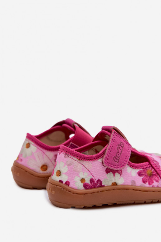 Slippers Kinderen met zelfklevende bevestigingsmiddelen met bloemen Barefoot Froddo Cannvas G1700439-4 roze