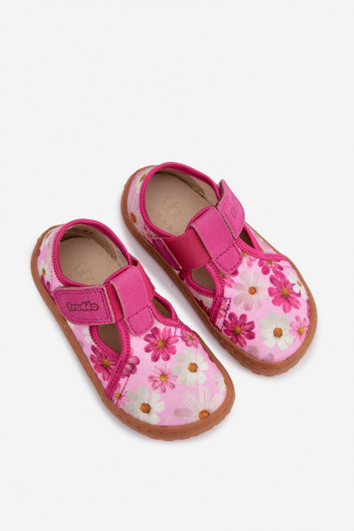 Slippers Kinderen met zelfklevende bevestigingsmiddelen met bloemen Barefoot Froddo Cannvas G1700439-4 roze