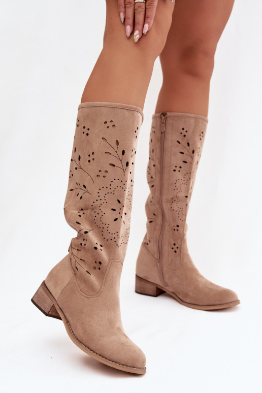 Chaki kleurige dames kniehoge laarzen met ajour-elementen Helinna