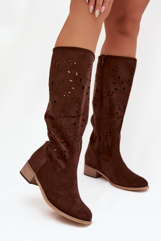 Chocoladekleurige dameslaarzen met opengewerkte elementen Helinna