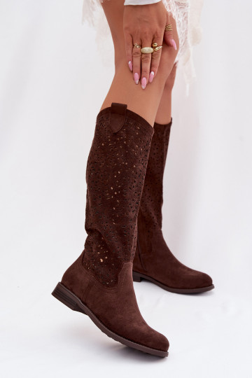 Dames knie laarzen met opengewerkte elementen en brede hakken S.Barski HY61-8023, chocolade kleur 2