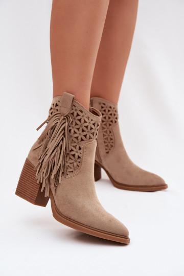 Ażurolaarzen in cowboystijl voor vrouwen met hakken en kwasten in zandkleur Calissey 2