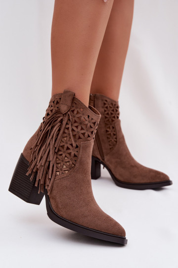 Ażurolaarzen in cowboystijl voor vrouwen met hakken en kwasten in bruine kleur Calissey
