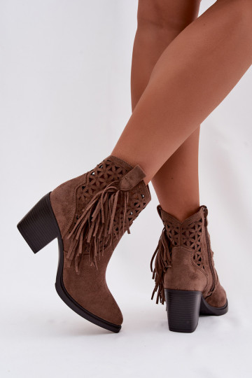 Ażurolaarzen in cowboystijl voor vrouwen met hakken en kwasten in bruine kleur Calissey 2