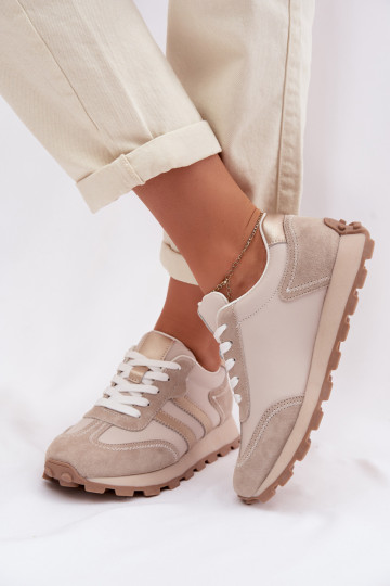 Leer Sneakers model schoenen Dames met platform S.Barski LR61-7096 beige